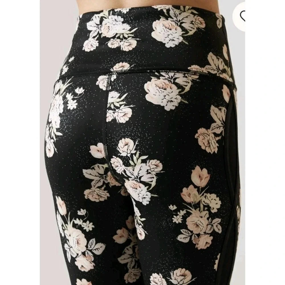 NEW Free People Liza Floral High Rise‎ Active Pants Legging SzS Black Mesh Side